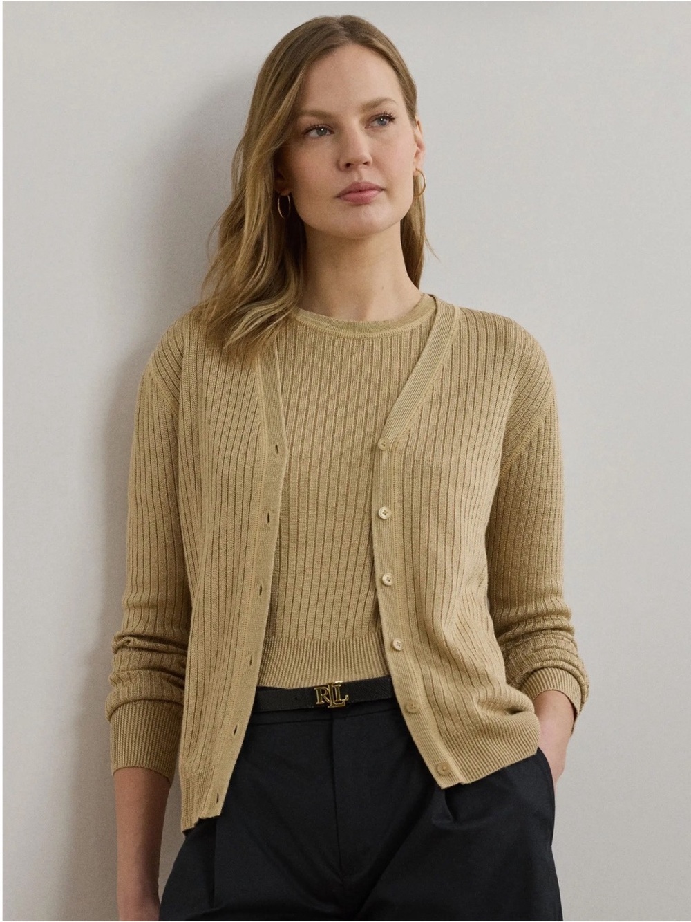 Lauren Ralph Lauren Linen Blend Rib Cardigan in Tan Size XXL